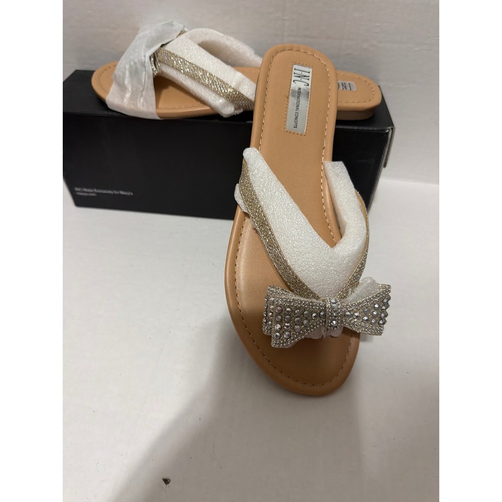 INC International Concepts Malissa Gold Rhinestone Bow Flip Flop Sandals 8M
